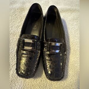 Stuart Weitzman black croc-embossed leather loafers with silver buckle